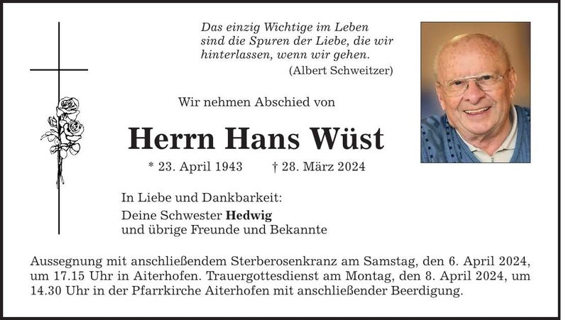 Traueranzeige Hans Wüst