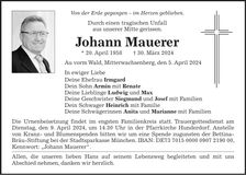 Traueranzeige Johann Mauerer