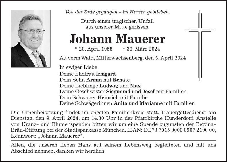 Traueranzeige Johann Mauerer