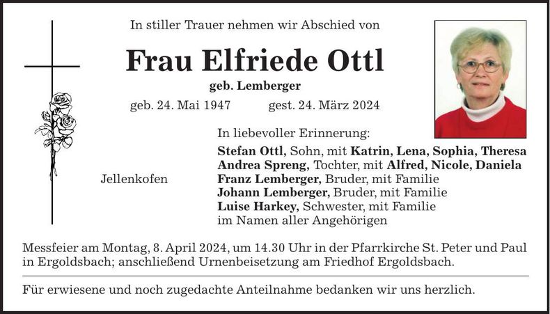 Traueranzeige Elfriede Ottl