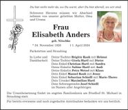 Traueranzeige Elisabeth Anders