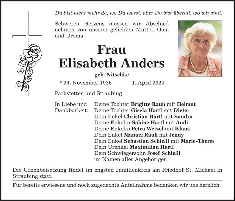 Traueranzeige Elisabeth Anders