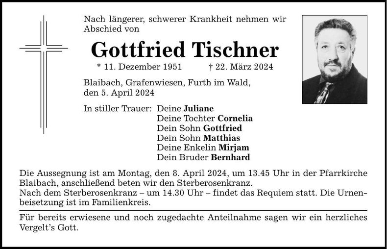 Traueranzeige Gottfried Tischner