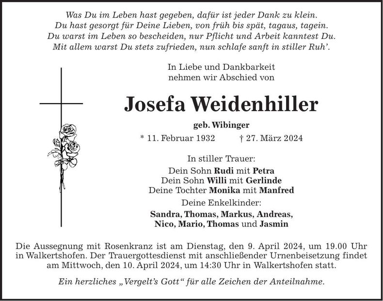 Traueranzeige Josefa Weidenhiller