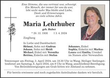 Traueranzeige Maria Lehrhuber