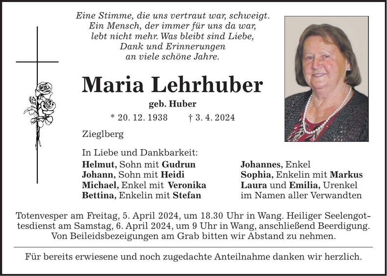 Traueranzeige Maria Lehrhuber