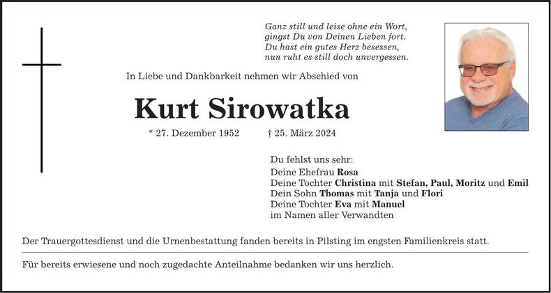 Traueranzeige Kurt Sirowatka