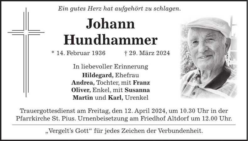 Traueranzeige Johann Hundhammer