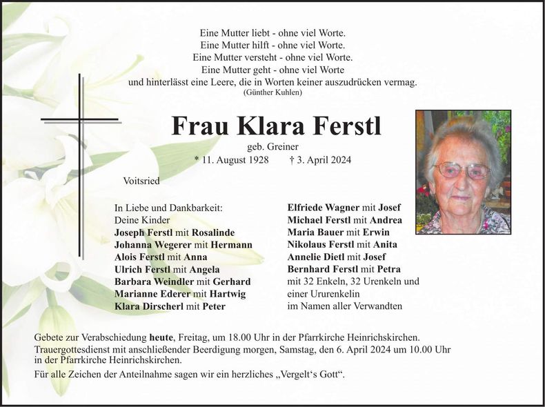 Traueranzeige Klara Ferstl