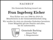 Traueranzeige Ingeborg Eicher