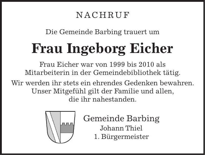 Traueranzeige Ingeborg Eicher
