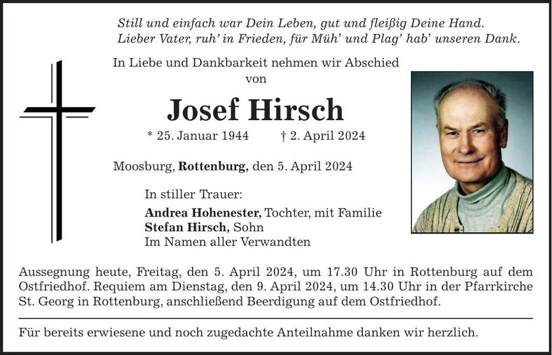 Traueranzeige Josef Hirsch