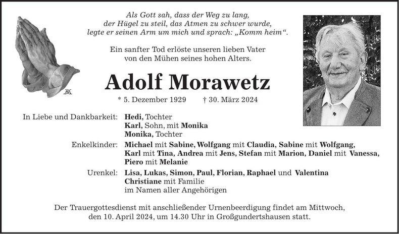 Traueranzeige Adolf Morawetz