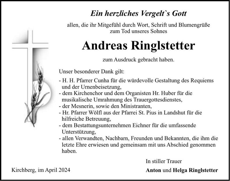 Traueranzeige Andreas Ringlstetter