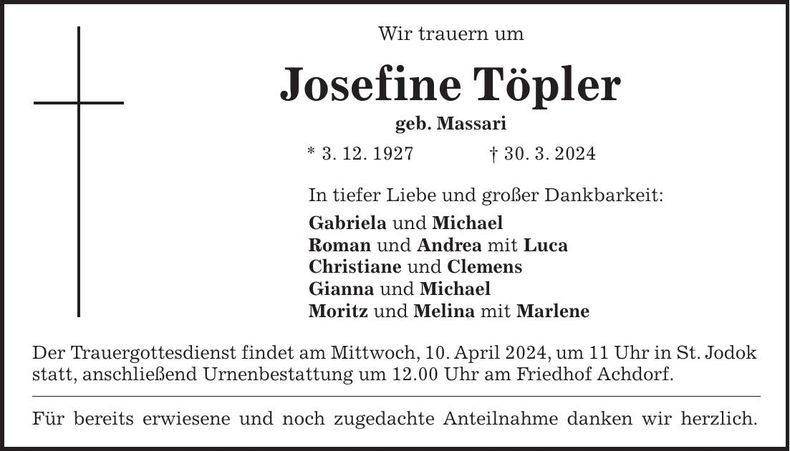 Traueranzeige Josefine Töpler