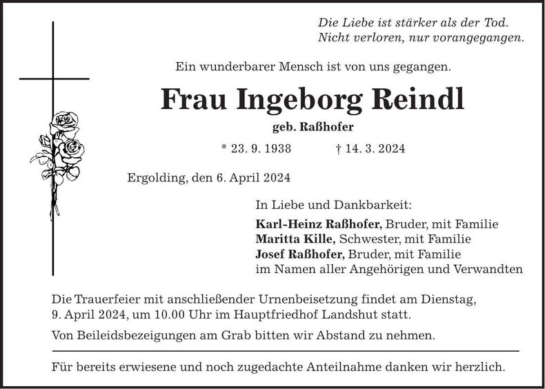 Traueranzeige Ingeborg Reindl