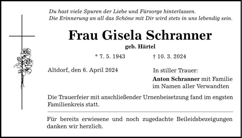 Traueranzeige Gisela Schranner