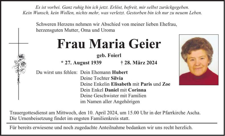 Traueranzeige Maria Geier