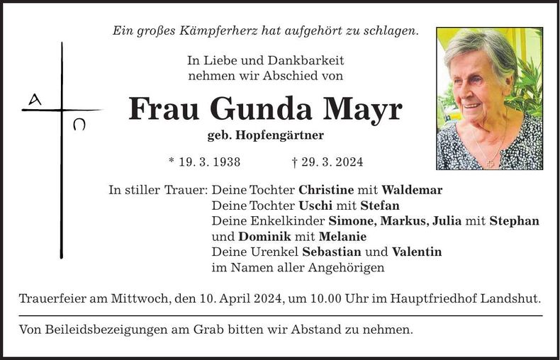 Traueranzeige Gunda Mayr