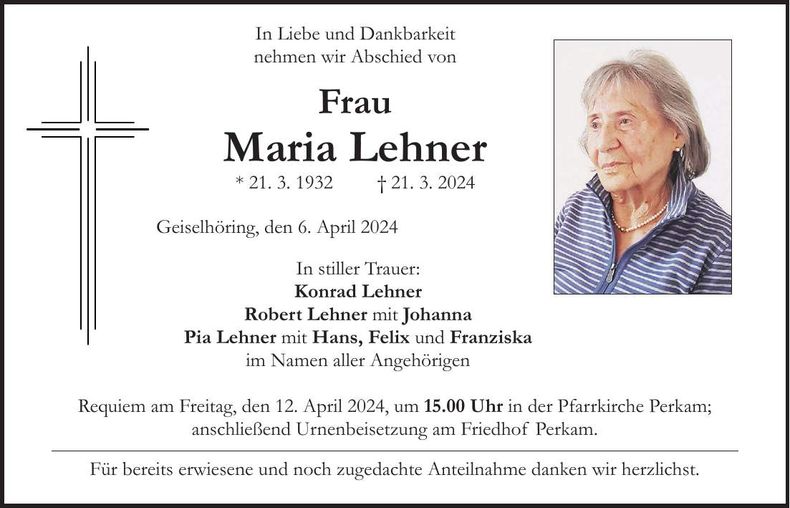 Traueranzeige Maria Lehner