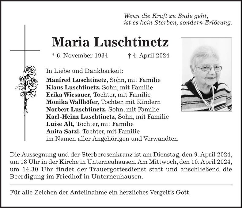 Traueranzeige Maria Luschtinetz