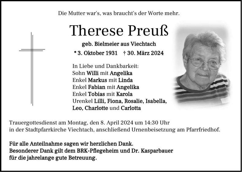 Traueranzeige Therese Preuß