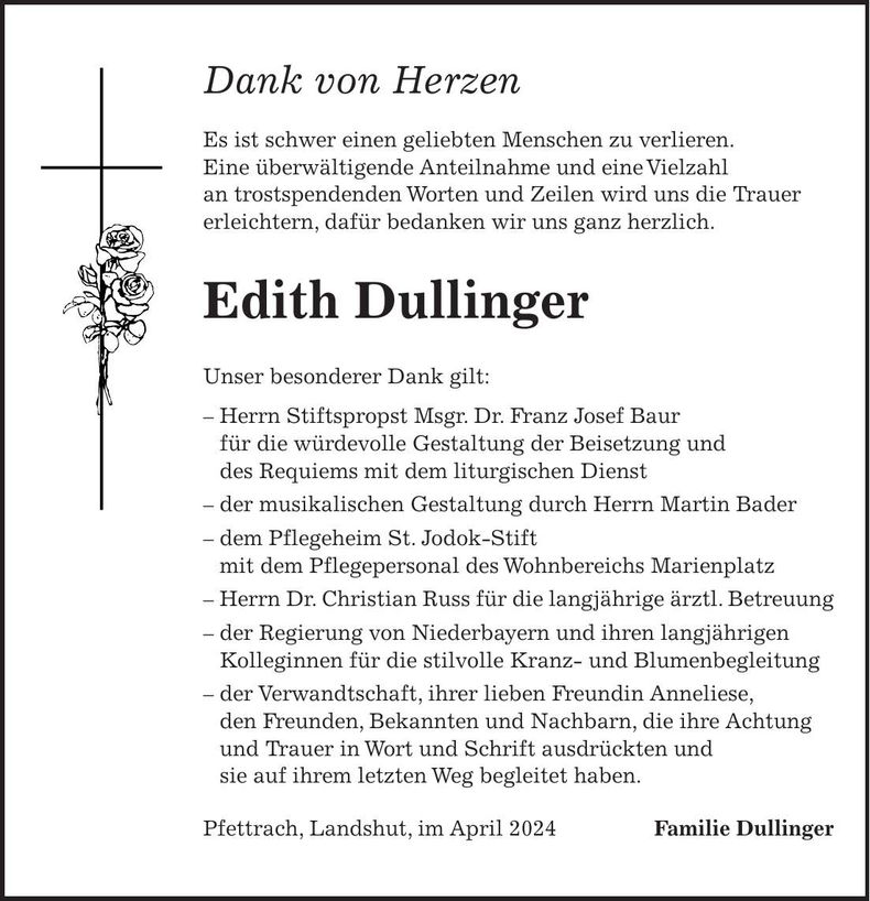 Traueranzeige Edith Dullinger