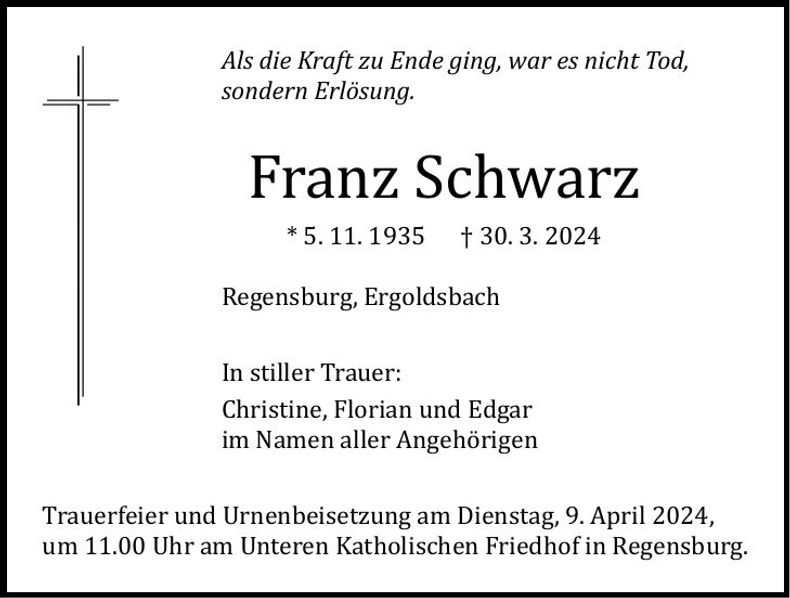 Traueranzeige Franz Schwarz