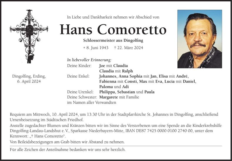 Traueranzeige Hans Comoretto