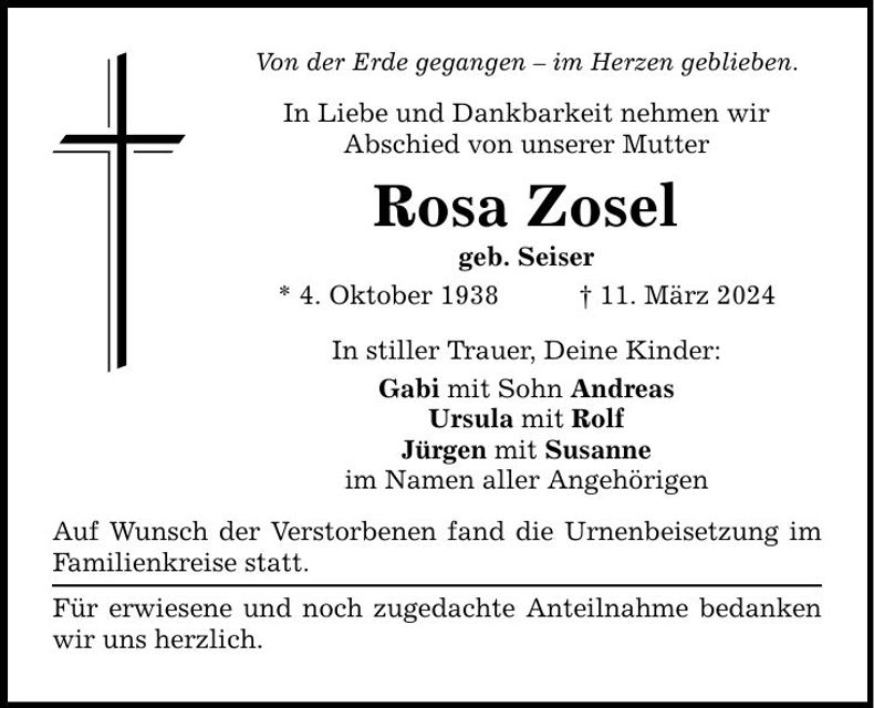 Traueranzeige Rosa Zosel