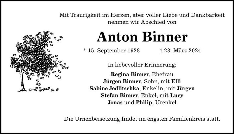 Traueranzeige Anton Binner