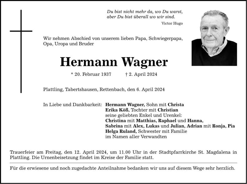 Traueranzeige Hermann Wagner