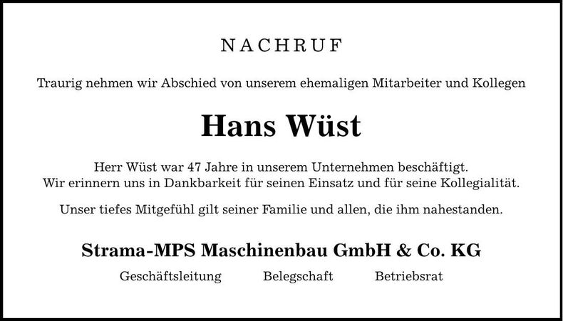 Traueranzeige Hans Wüst