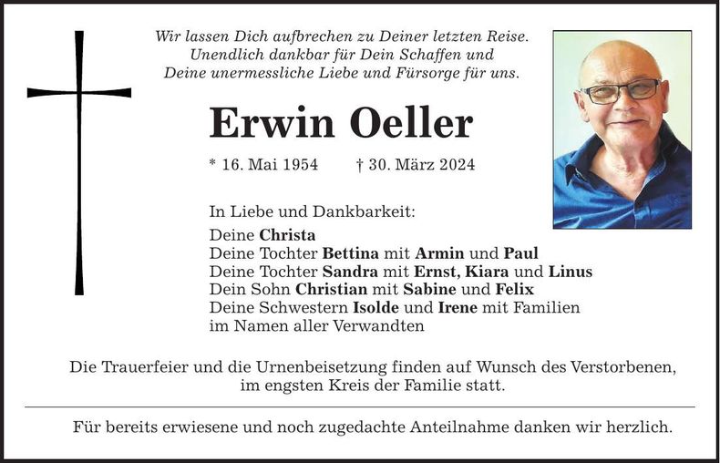 Traueranzeige Erwin Oeller