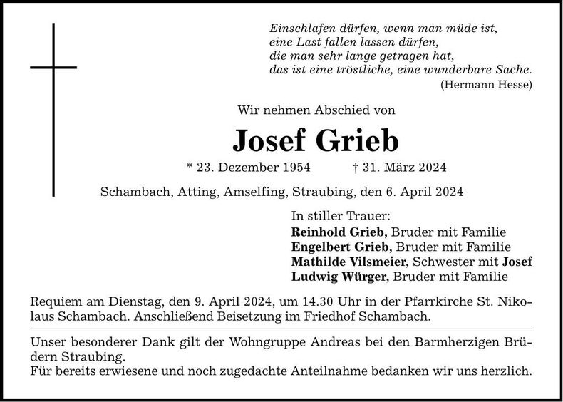 Traueranzeige Josef Grieb