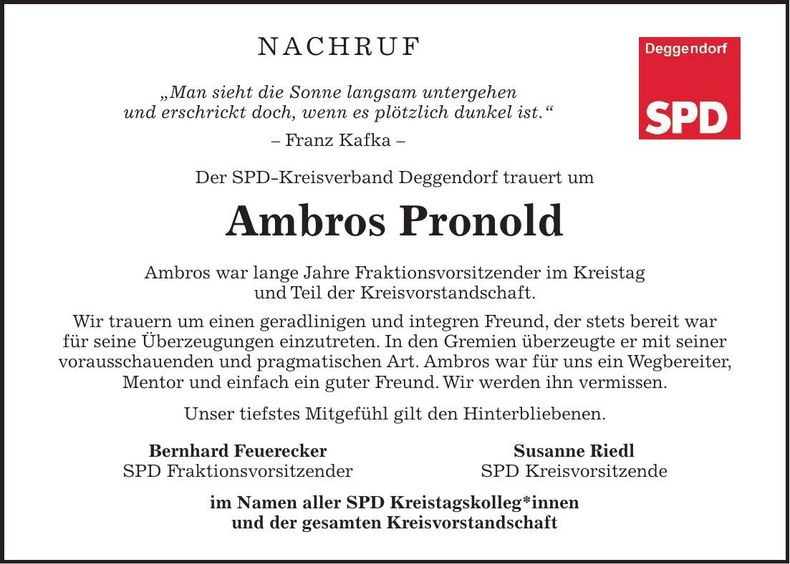 Traueranzeige Ambros Pronold