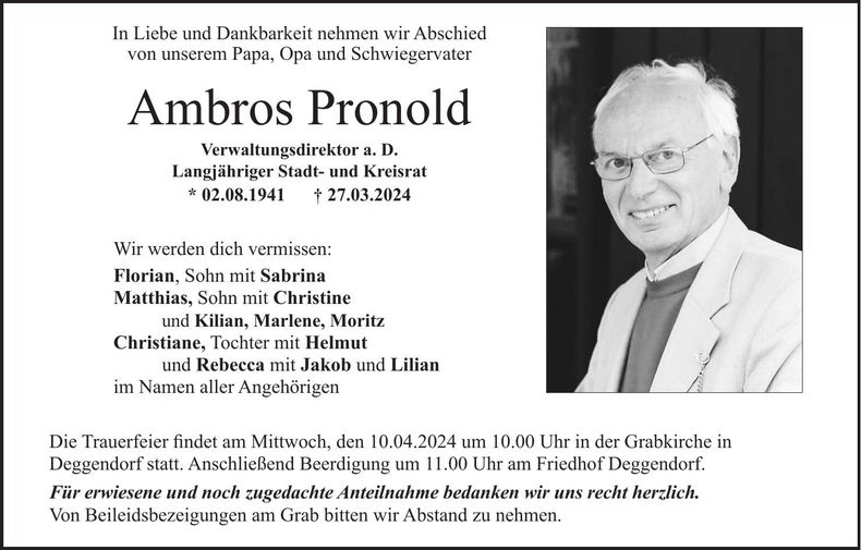 Traueranzeige Ambros Pronold