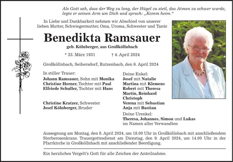 Traueranzeige Benedikta Ramsauer