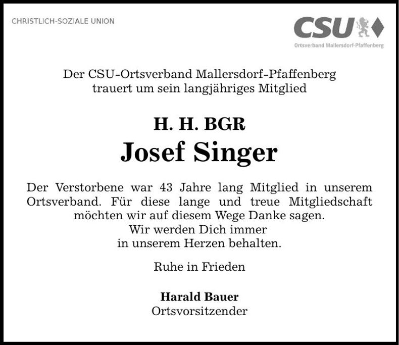 Traueranzeige Josef H.H. BGR Singer