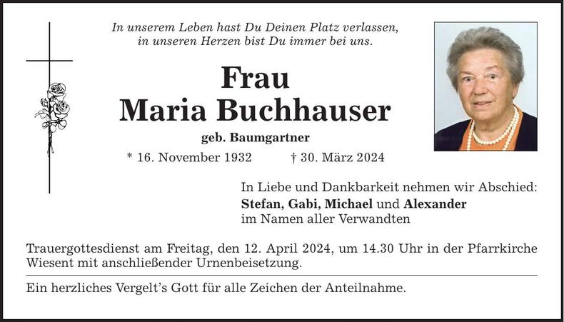 Traueranzeige Maria Buchhauser