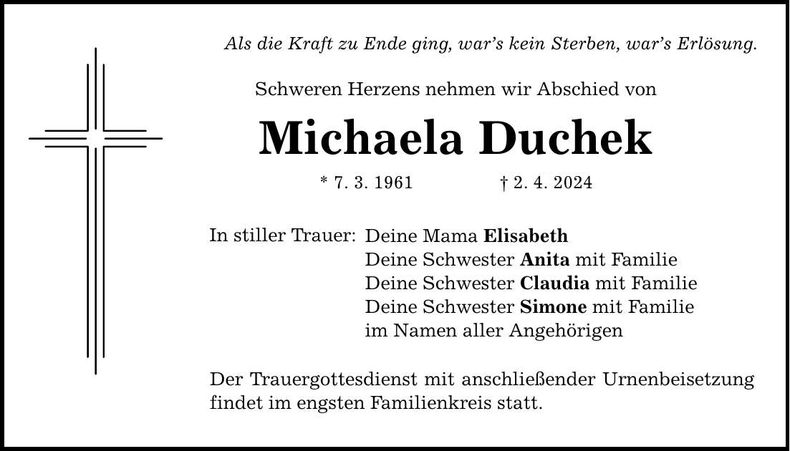 Traueranzeige Michaela Duchek