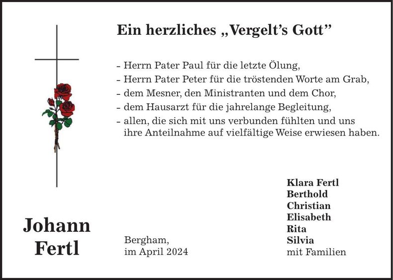 Traueranzeige Johann Fertl