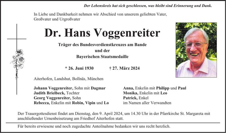 Traueranzeige Hans Voggenreiter