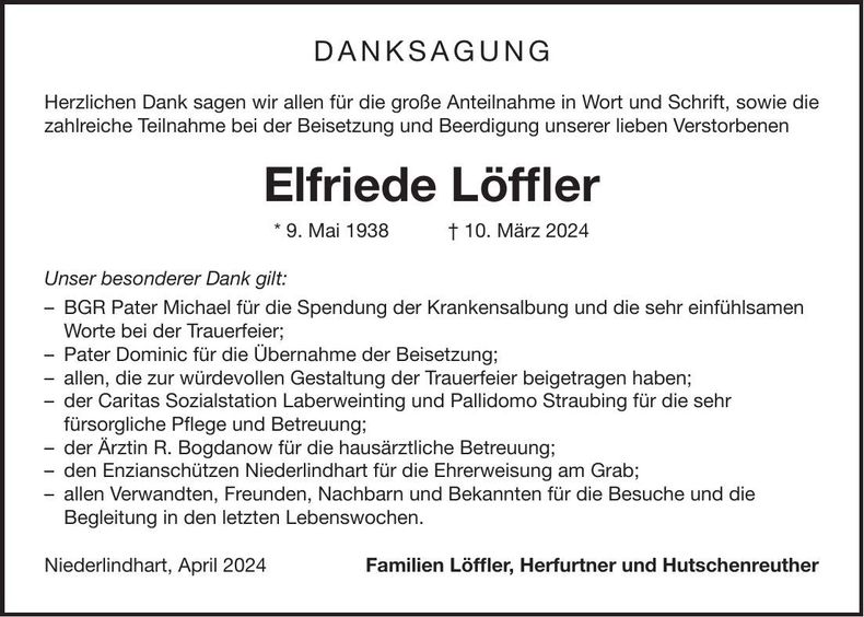 Traueranzeige Elfriede Löffler
