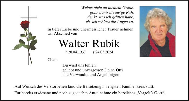 Traueranzeige Walter Rubik