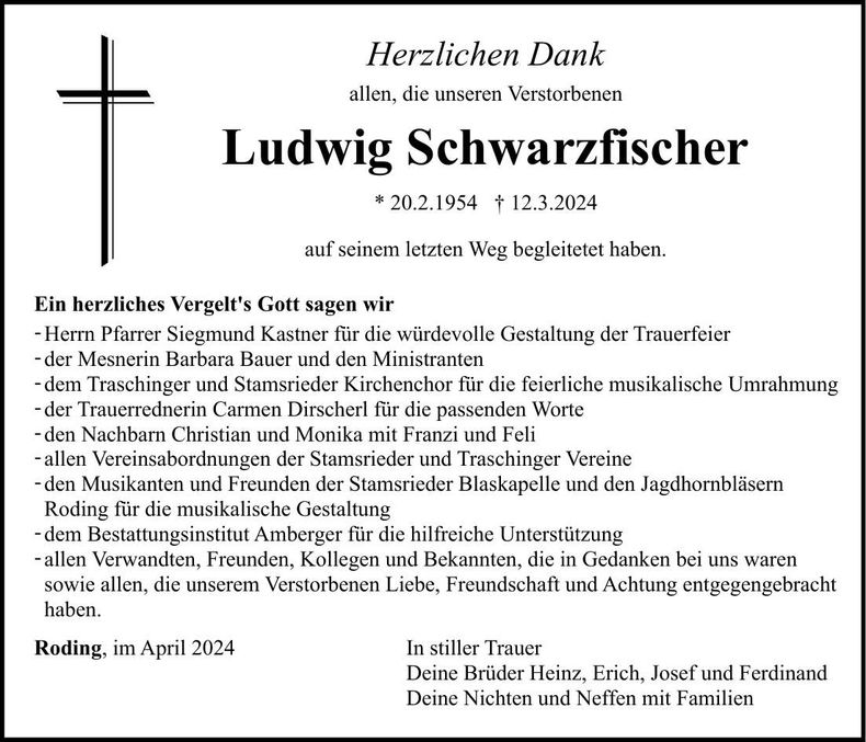 Traueranzeige Ludwig Schwarzfischer
