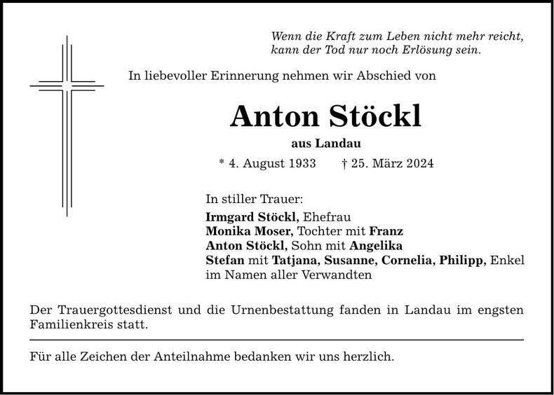 Traueranzeige Anton Stöckl