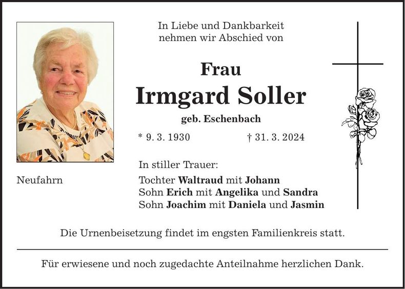 Traueranzeige Irmgard Soller