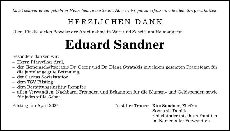 Traueranzeige Eduard Sandner