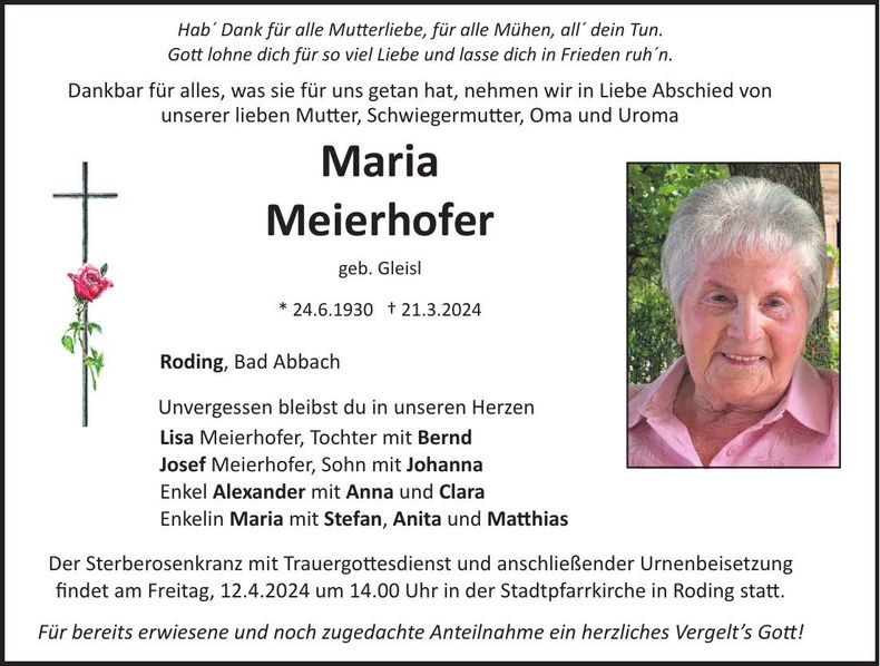Traueranzeige Maria Meierhofer